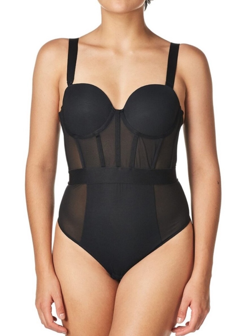 DKNY Strapless Bodysuit Sheer Sleek Mesh Foam Cups Deep-V Black Sz 34D Intimates